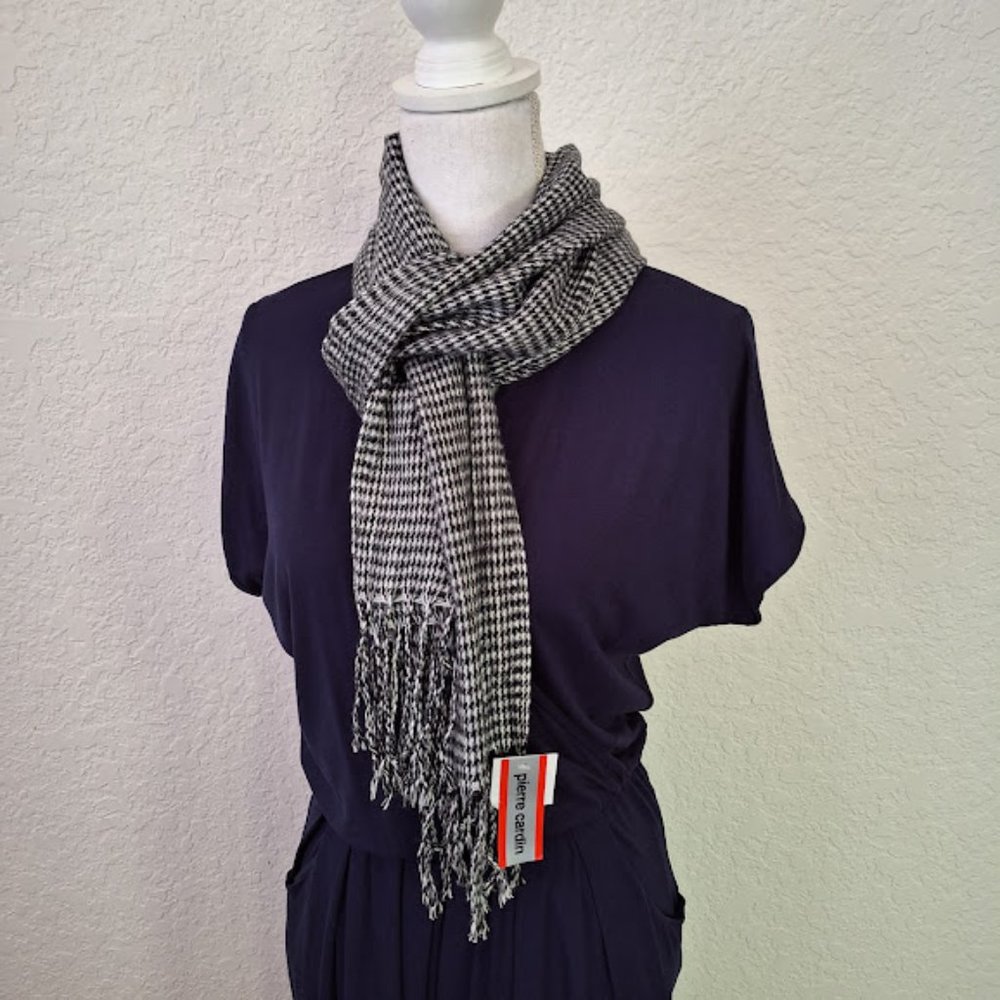 Vintage Pierre Cardin NWT Black White Plaid Houndstooth Scarf